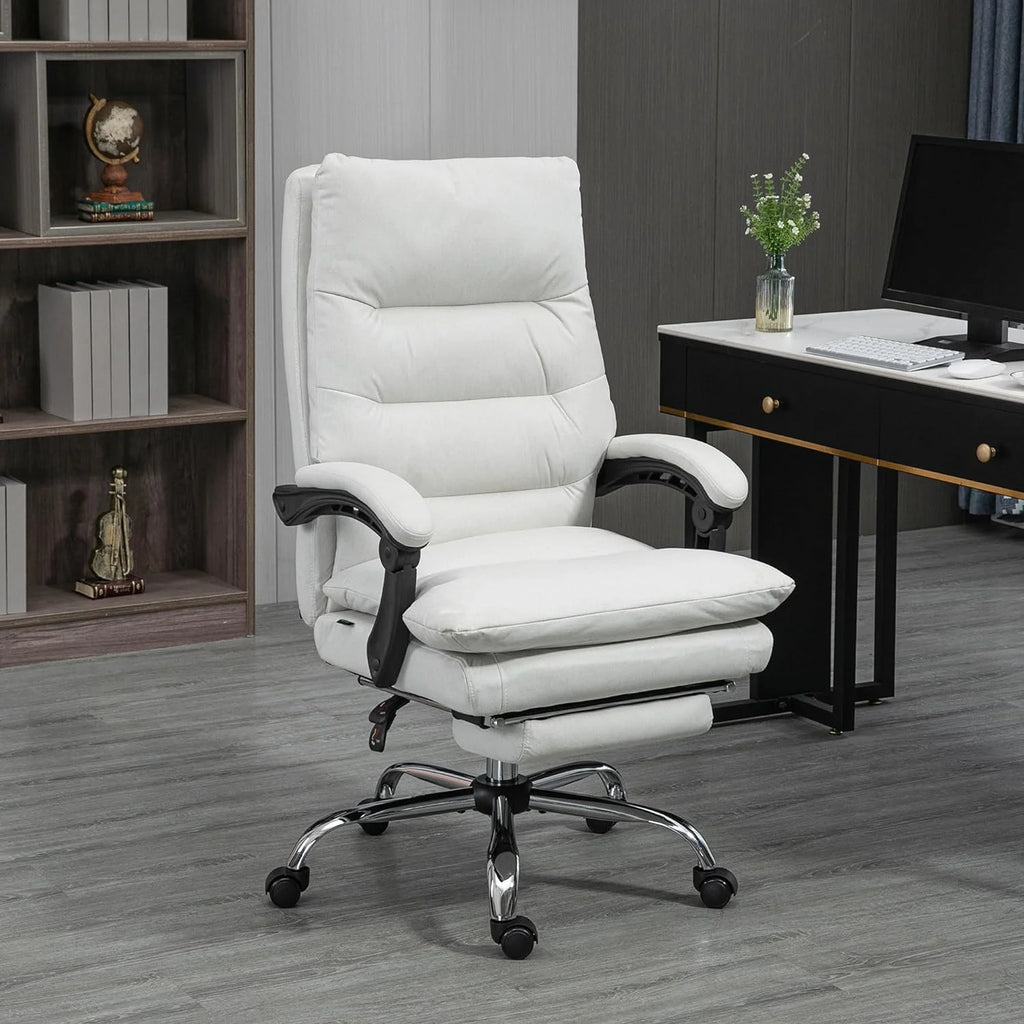 Cream White Microfibre Heated Reclining Massage Office Chair with Footrest O65552