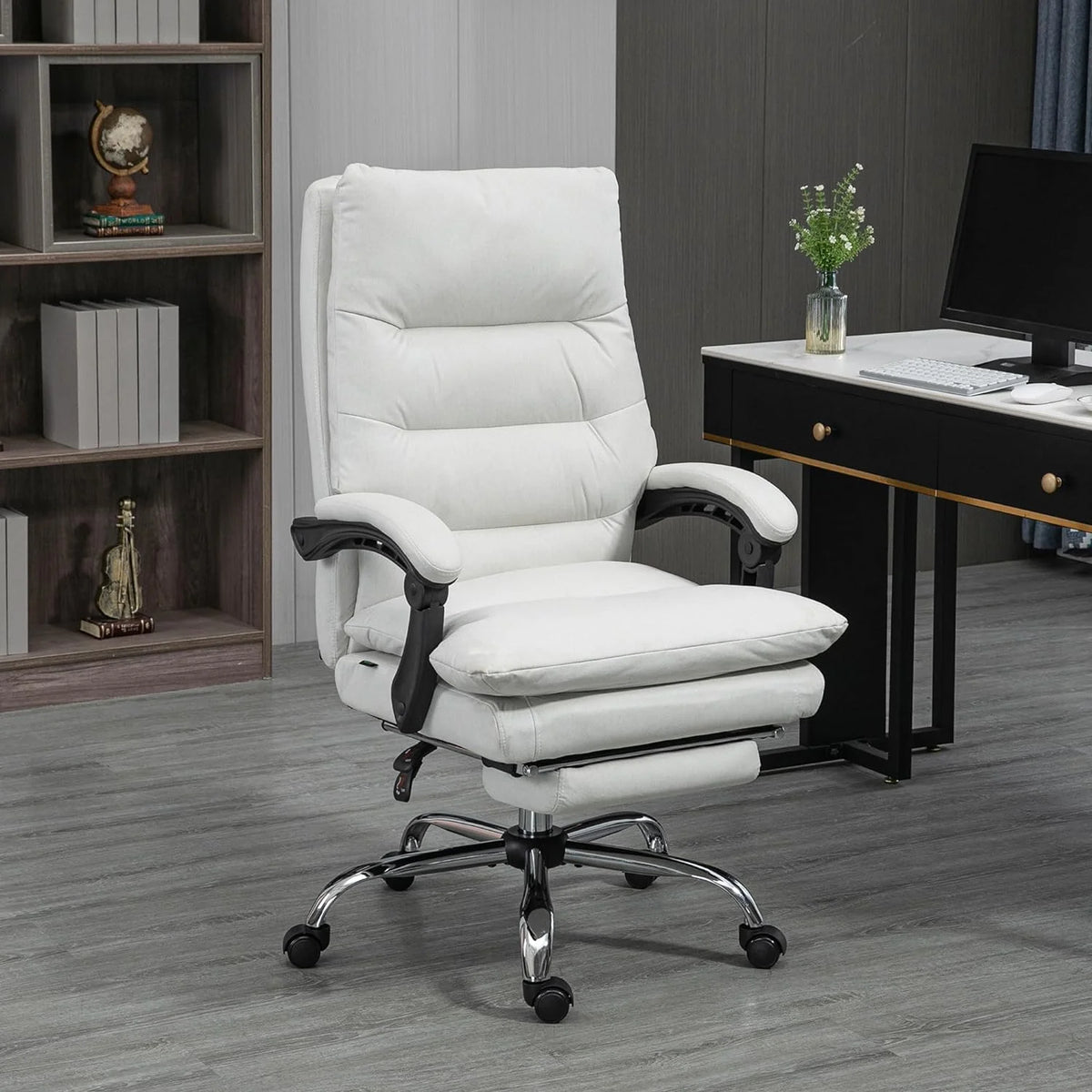 Cream White Microfibre Heated Reclining Massage Office Chair with Footrest O65552