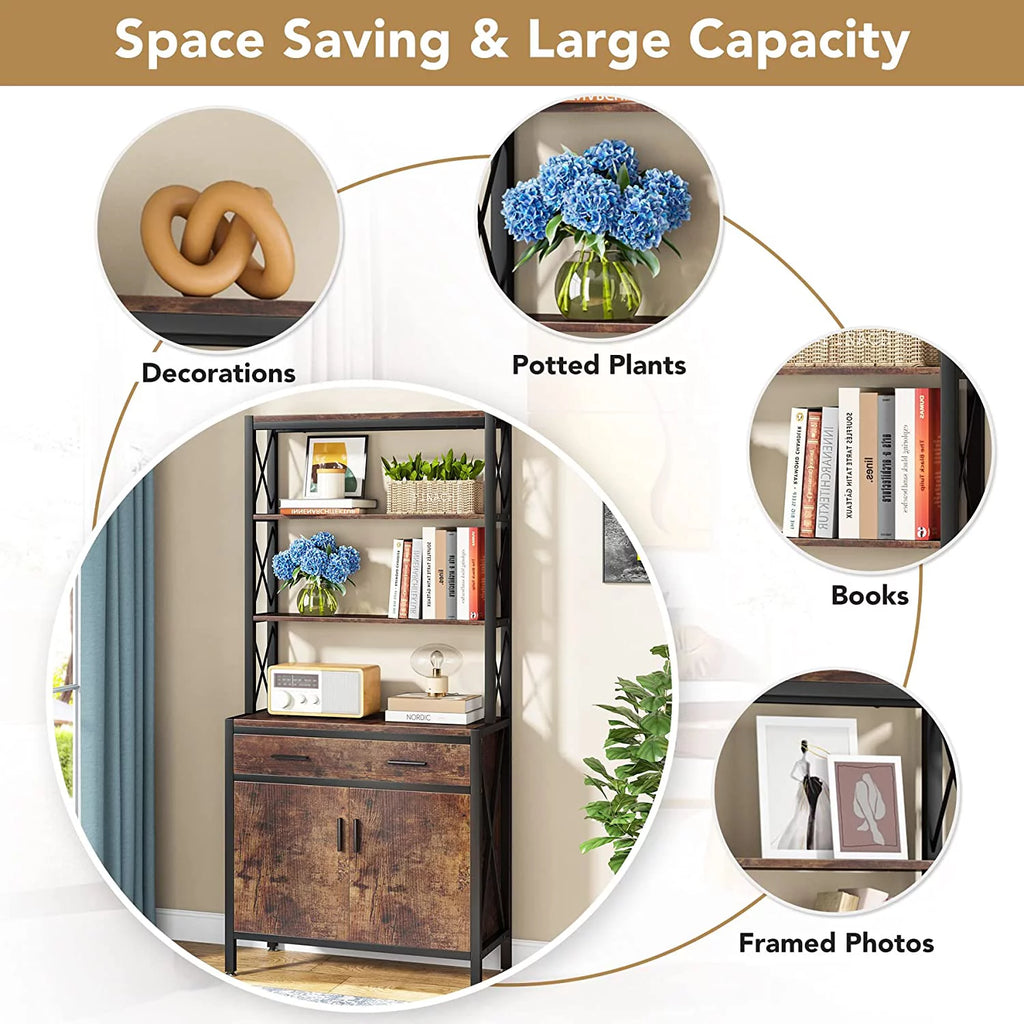 Tall Industrial Bookshelf with Drawer and Doors V648879