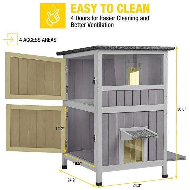 Two Tier Wooden Cat House with Waterproof Roof L43983