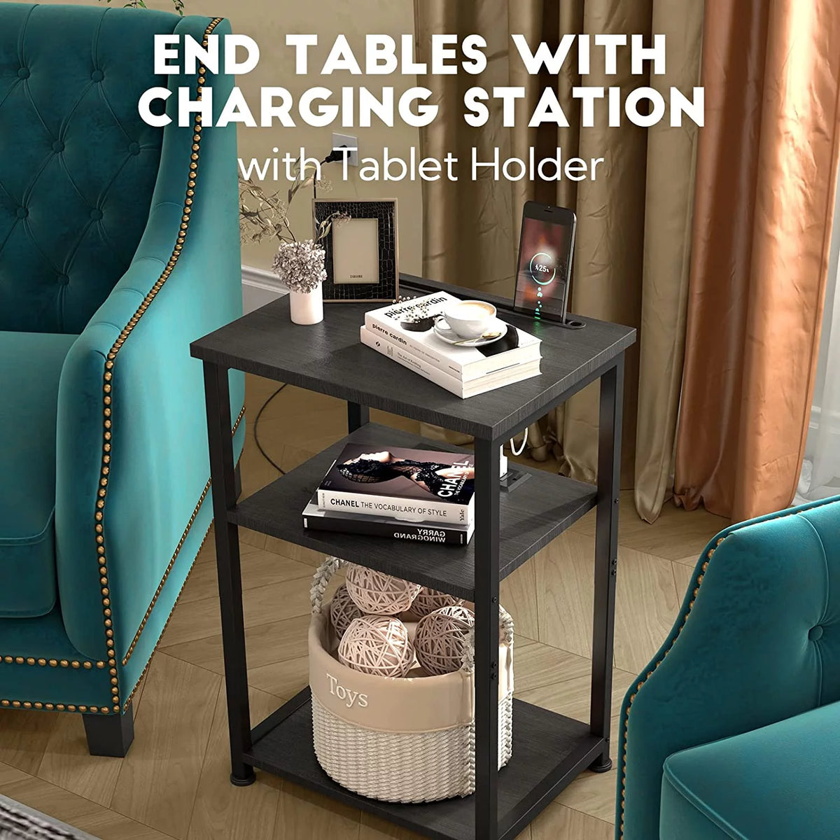 Nightstands Set of 2 with Charging Station and Storage Shelf S25040