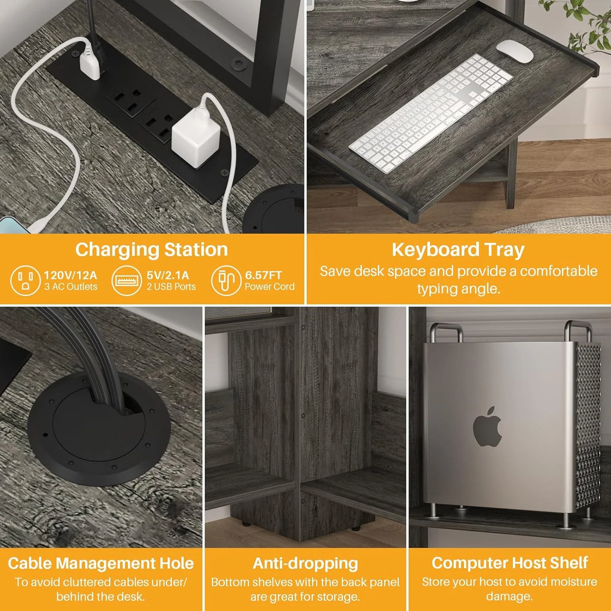 Black Oak Corner Computer Desk with Power Outlets & LED Light A428