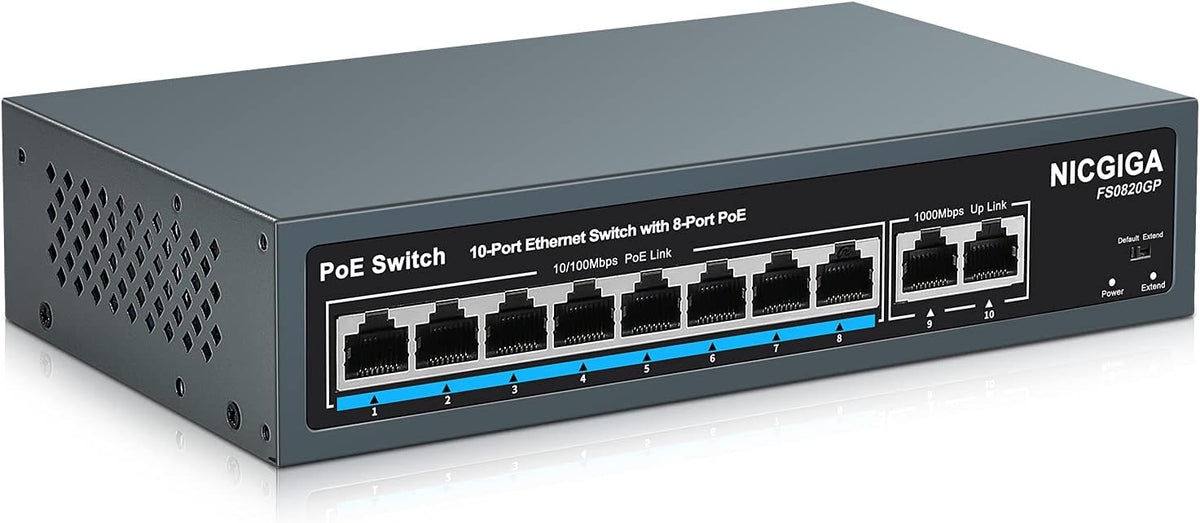 10 Port PoE Switch, 8 Ports PoE+ 100Mbps with 2 Gigabit Uplink, 120W, Metal Fanless Housing, Unmanaged, Pack of 2 P3096