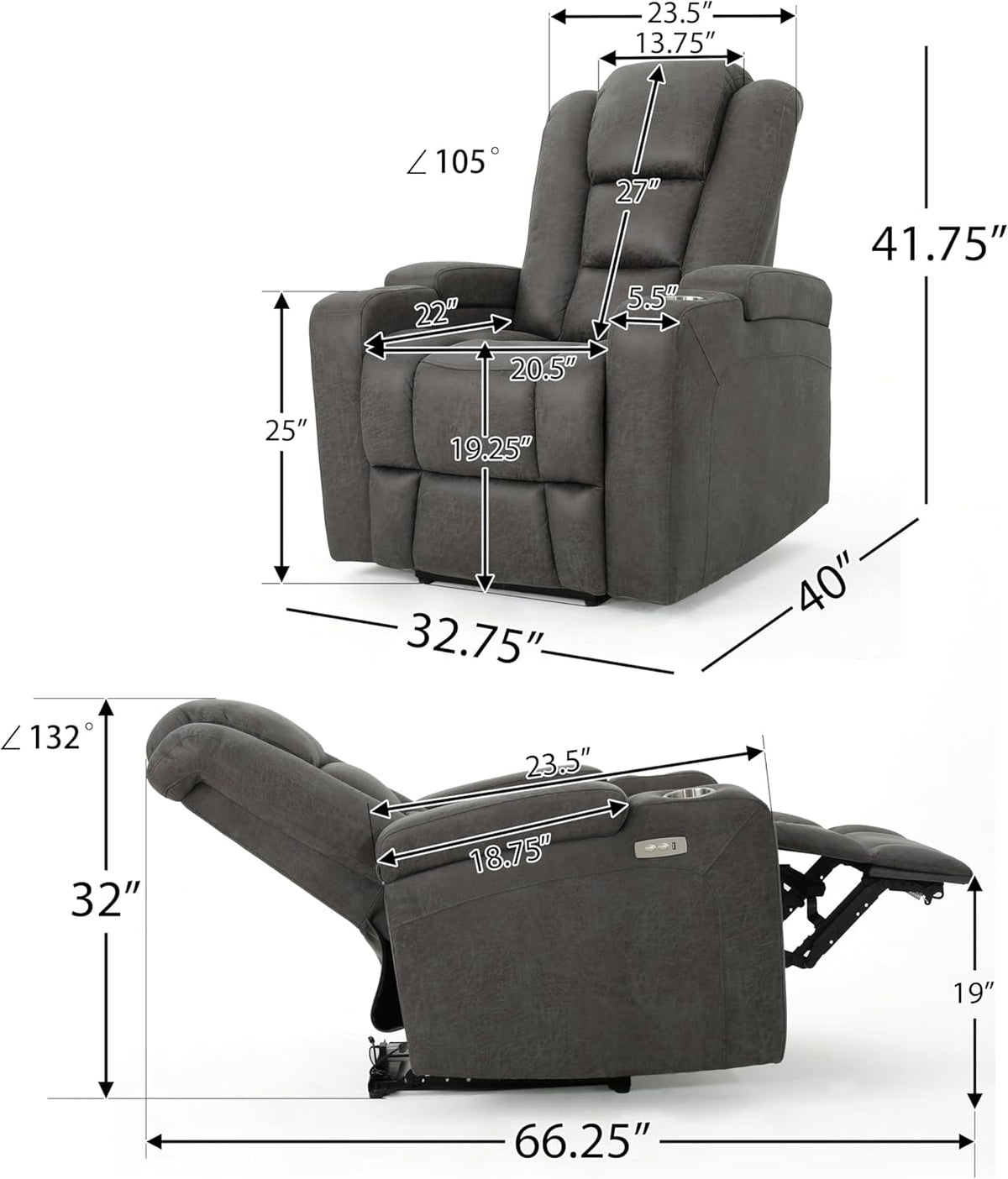 Power Recliner Chair with USB, Arm Storage, and Cup Holders R23147