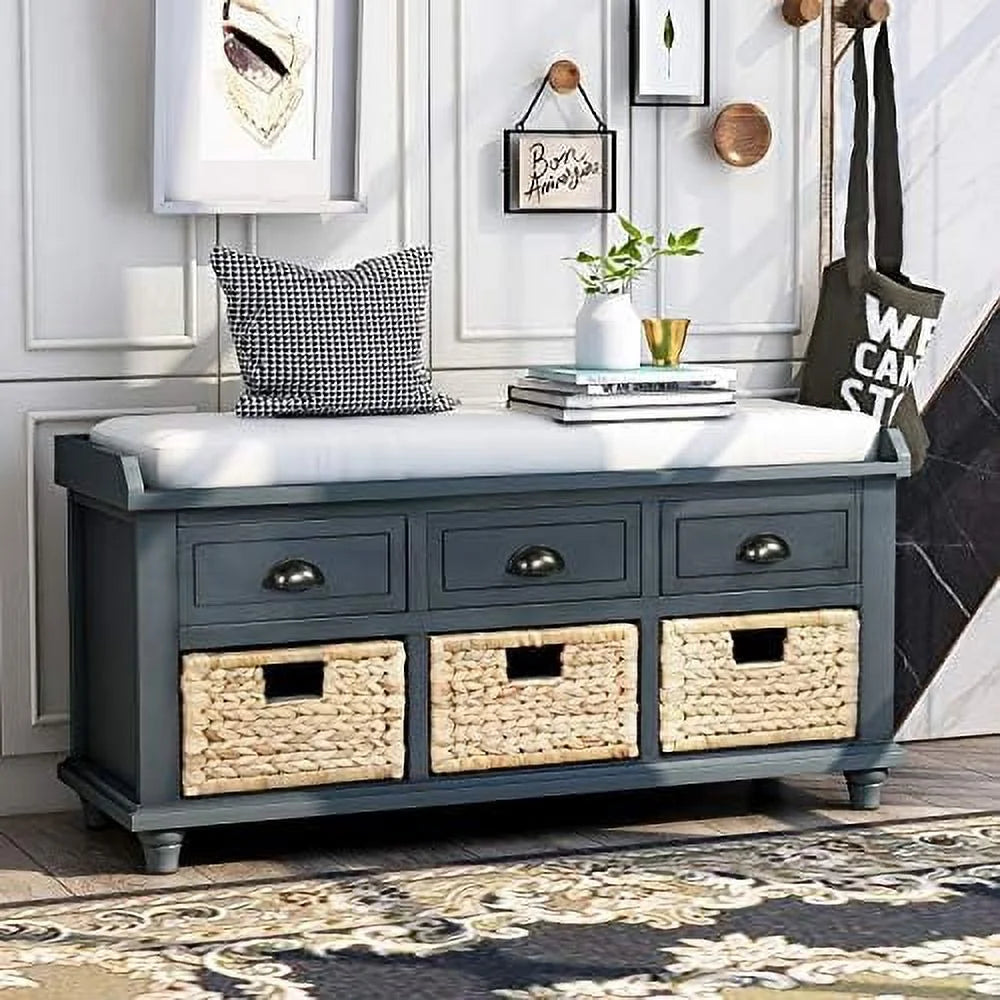 White Washed Bench with 3 Basket Drawers K697