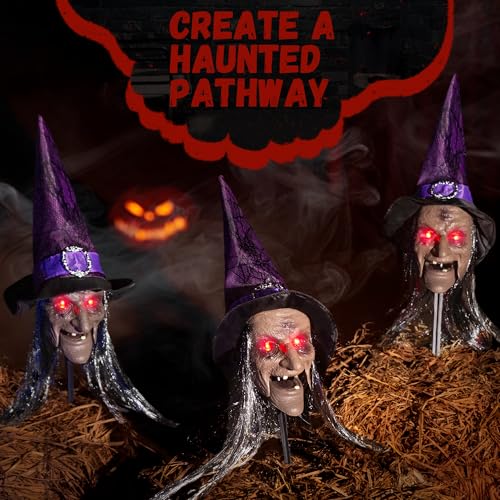 3-Pack Halloween Animatronic Witch Stakes with Sound, Light-Up Eyes, Moving Mouth V262254