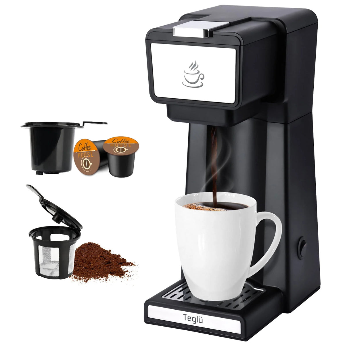 Slim Single Serve Coffee Maker 2 in 1, 14 Oz, Black U109