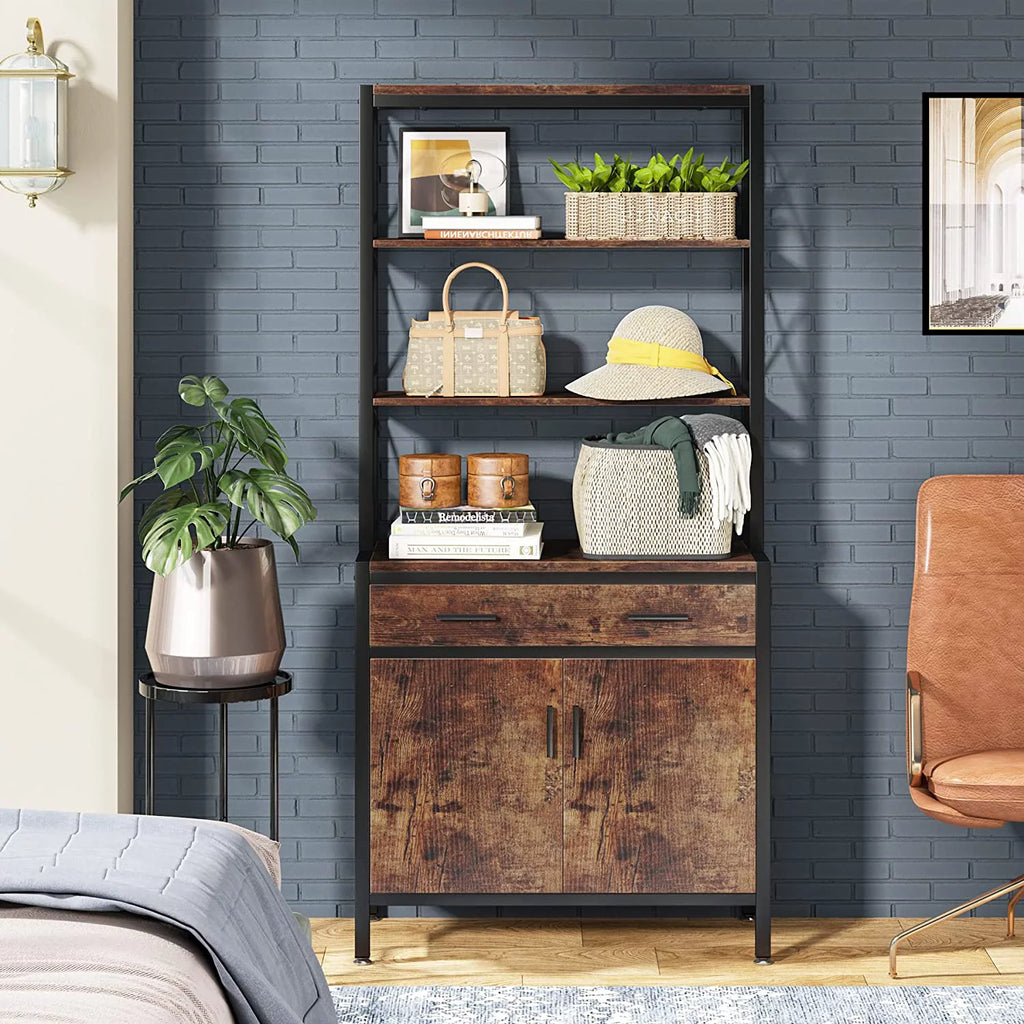Tall Industrial Bookshelf with Drawer and Doors V648879