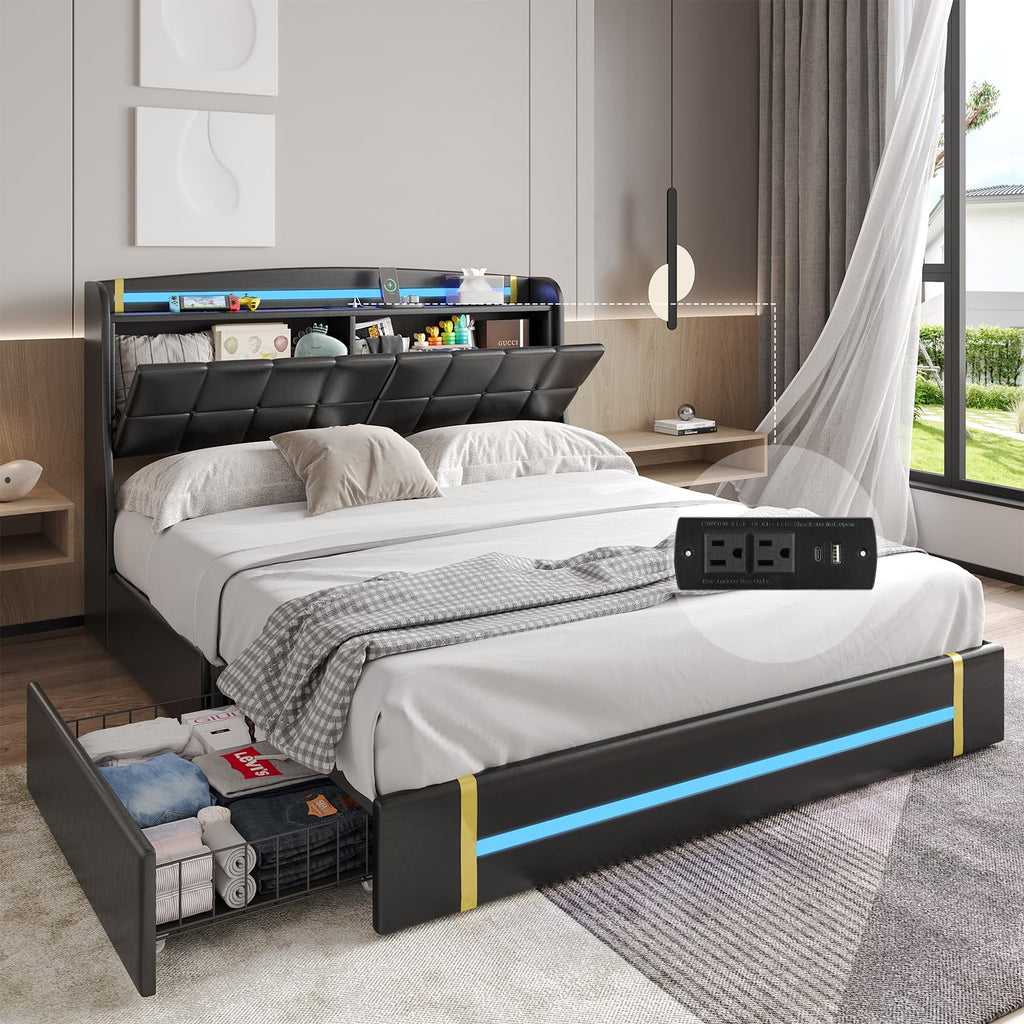 Queen Bed Frame with LED Lights and Charging Station, Upholstered Platform Bed Frame with Hidden Storage and 4 Drawers, Black O676