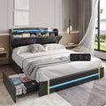 Queen Bed Frame with LED Lights and Charging Station, Upholstered Platform Bed Frame with Hidden Storage and 4 Drawers, Black O676