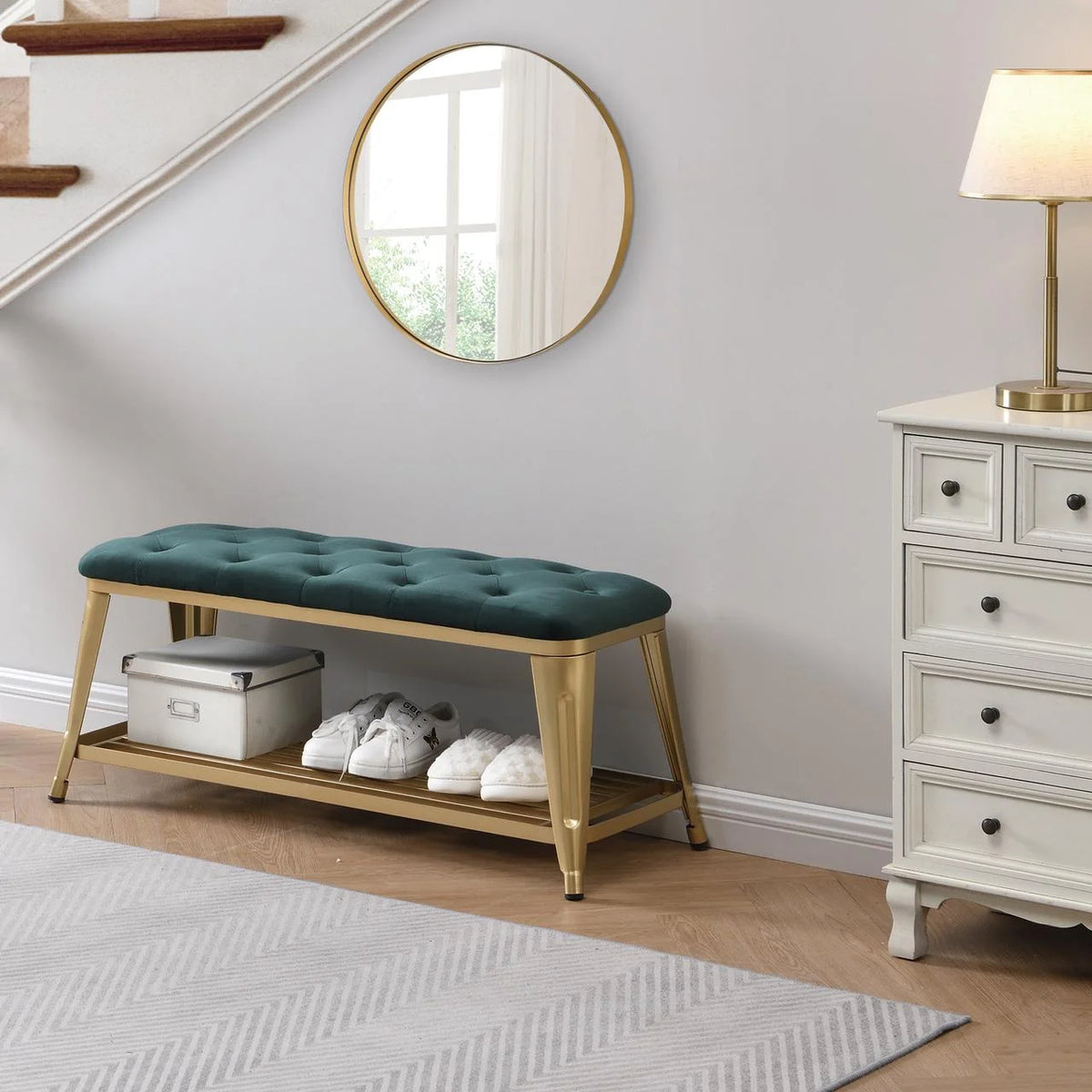 Shoe Storage Bench with Velvet Seat and Gold Legs B989