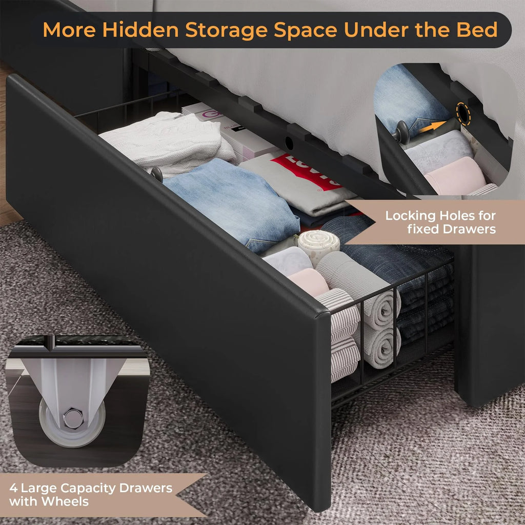 Queen Bed Frame with LED Lights and Charging Station, Upholstered Platform Bed Frame with Hidden Storage and 4 Drawers, Black O676
