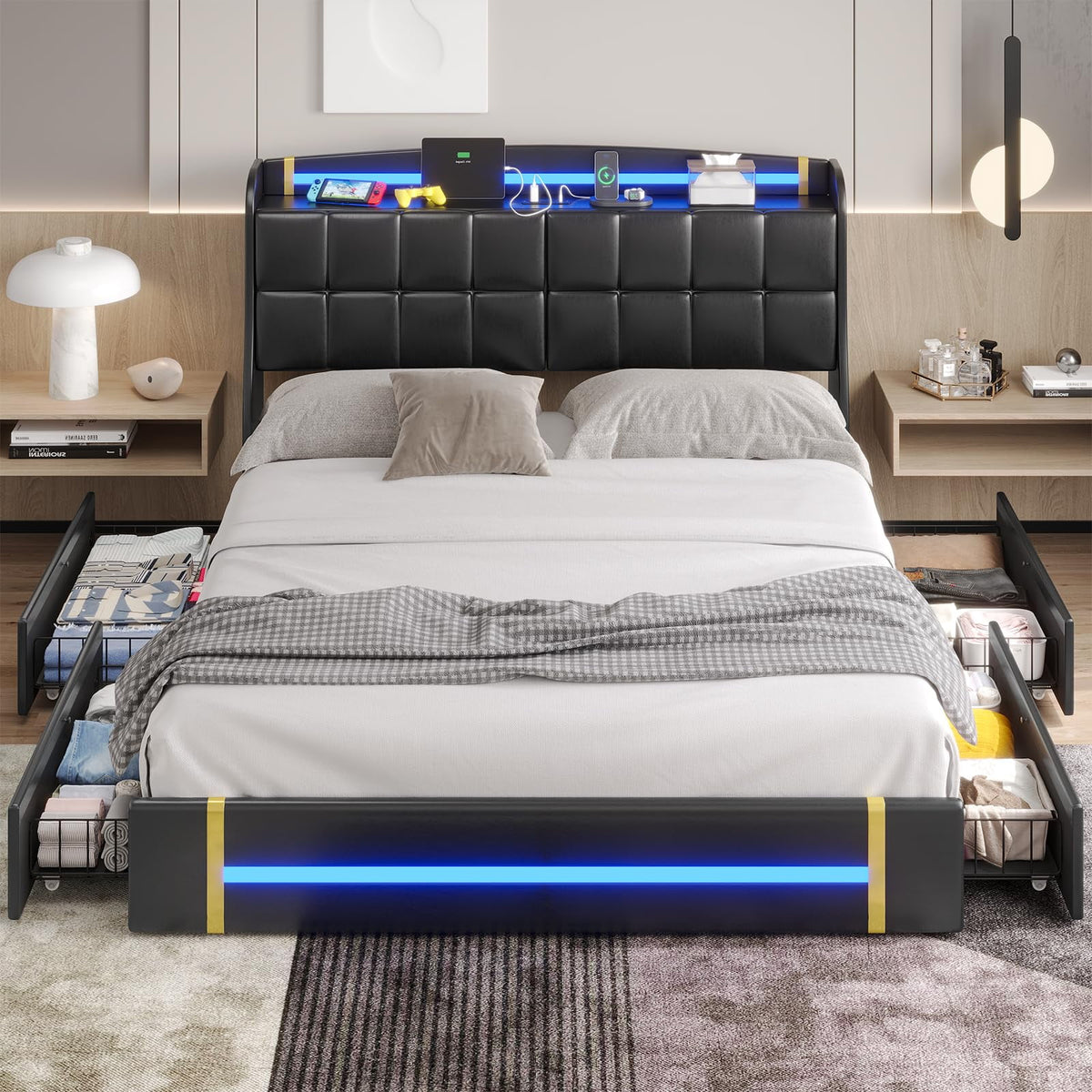 Queen Bed Frame with LED Lights and Charging Station, Upholstered Platform Bed Frame with Hidden Storage and 4 Drawers, Black O676
