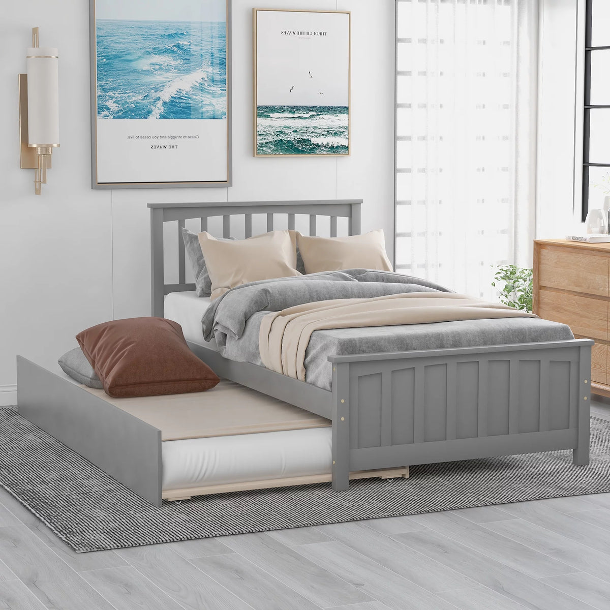 Gray Twin Size Platform Bed with Trundle X12195