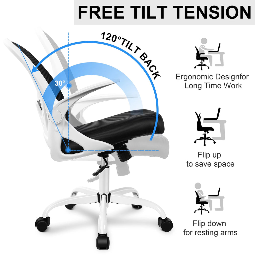 White Ergonomic Mesh Office Chair with Flip up Armrests S30332