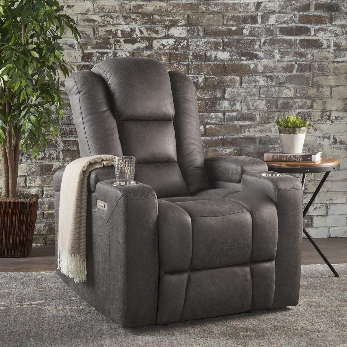 Power Recliner Chair with USB, Arm Storage, and Cup Holders R23147
