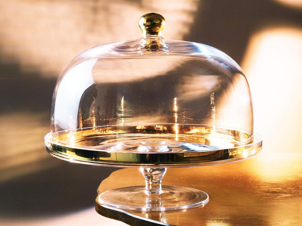 Glass Cake Stand with Dome Gold Rim Gold Knob 11.75" Diameter D6363