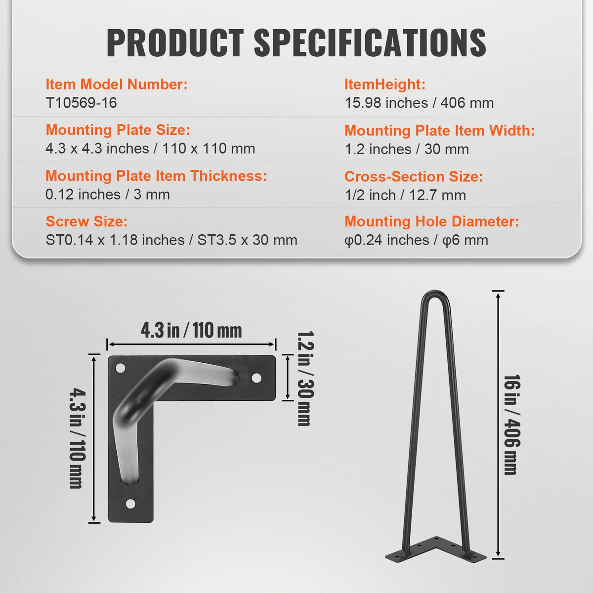 16" Solid Metal Heavy Duty Furniture Legs J983479