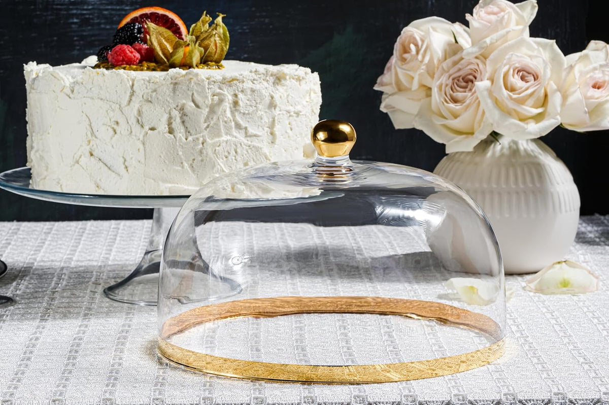Glass Cake Stand with Dome Gold Rim Gold Knob 11.75" Diameter D6363