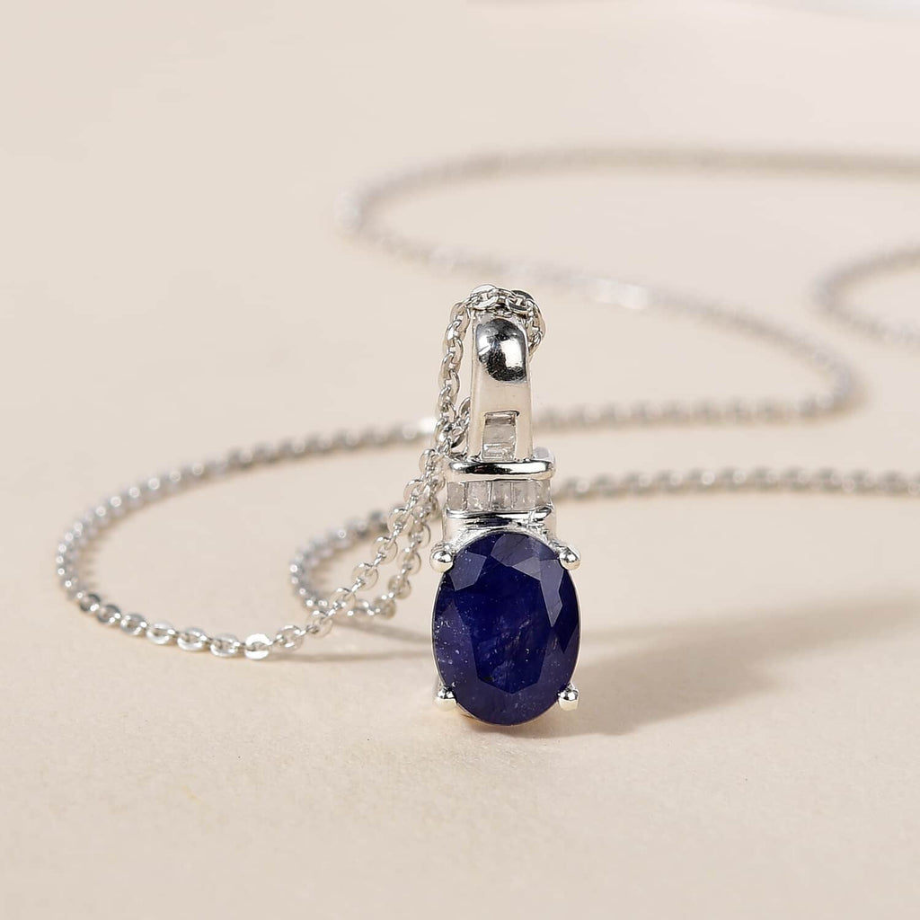 925 Sterling Silver Diamond Platinum Plated Sapphire Pendant Necklace Ct 1.6 A19878