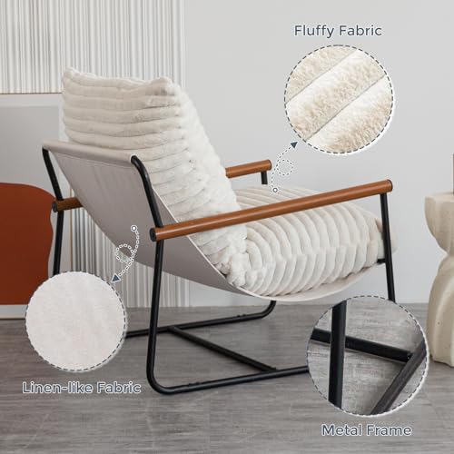 Sherpa Boucle Accent Chair with Wooden Arms B45547