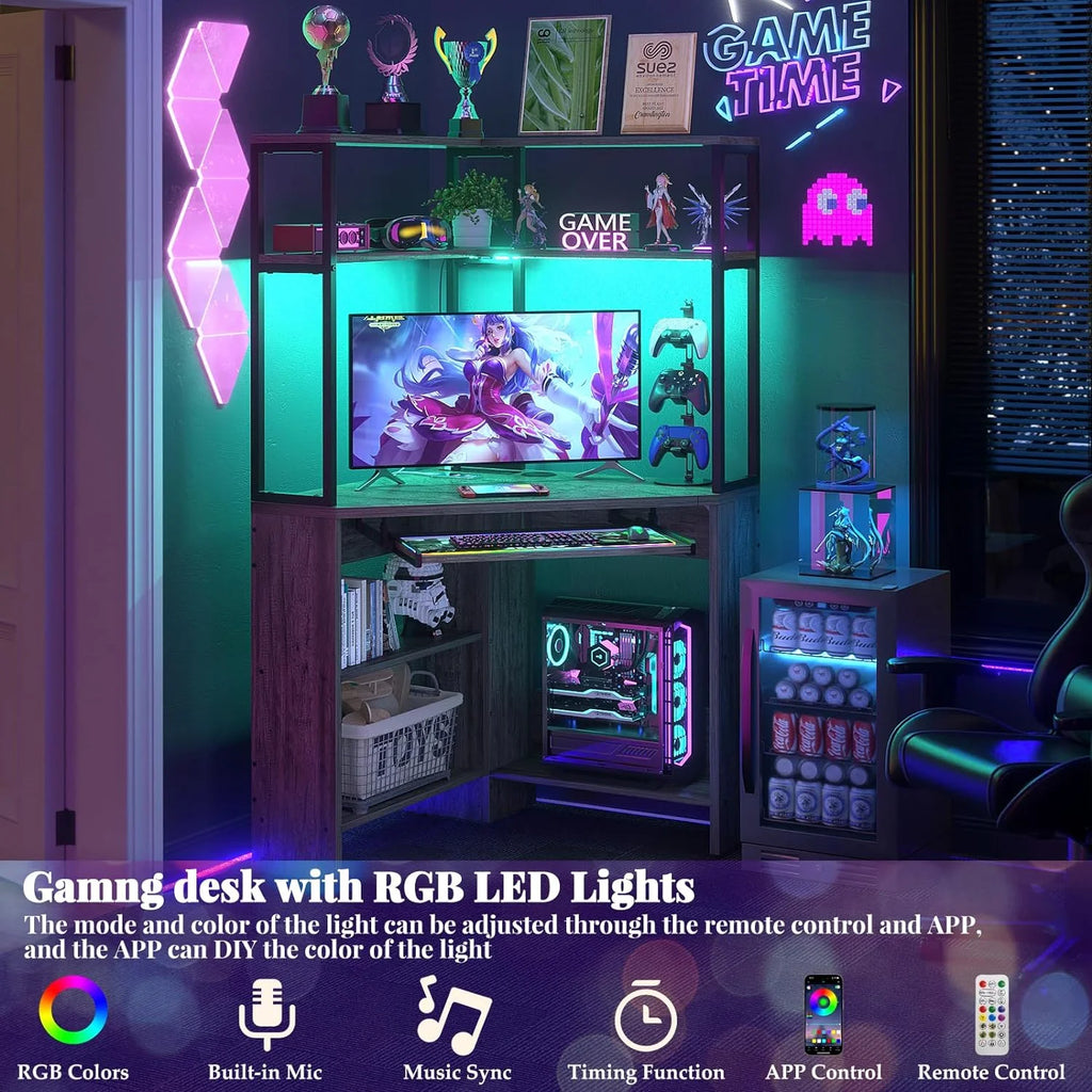 Black Oak Corner Computer Desk with Power Outlets & LED Light A428
