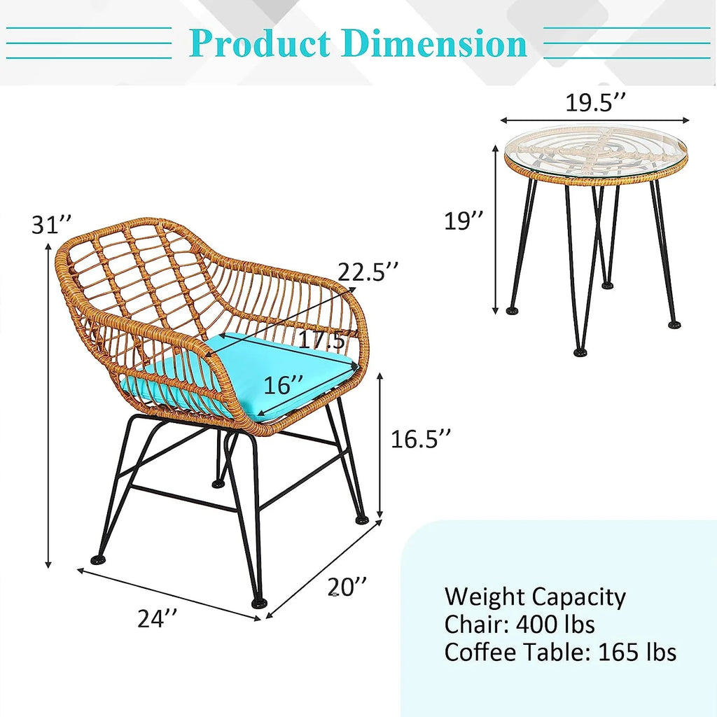 3 Pieces Rattan Patio Bistro Set with Glass Coffee Table T374