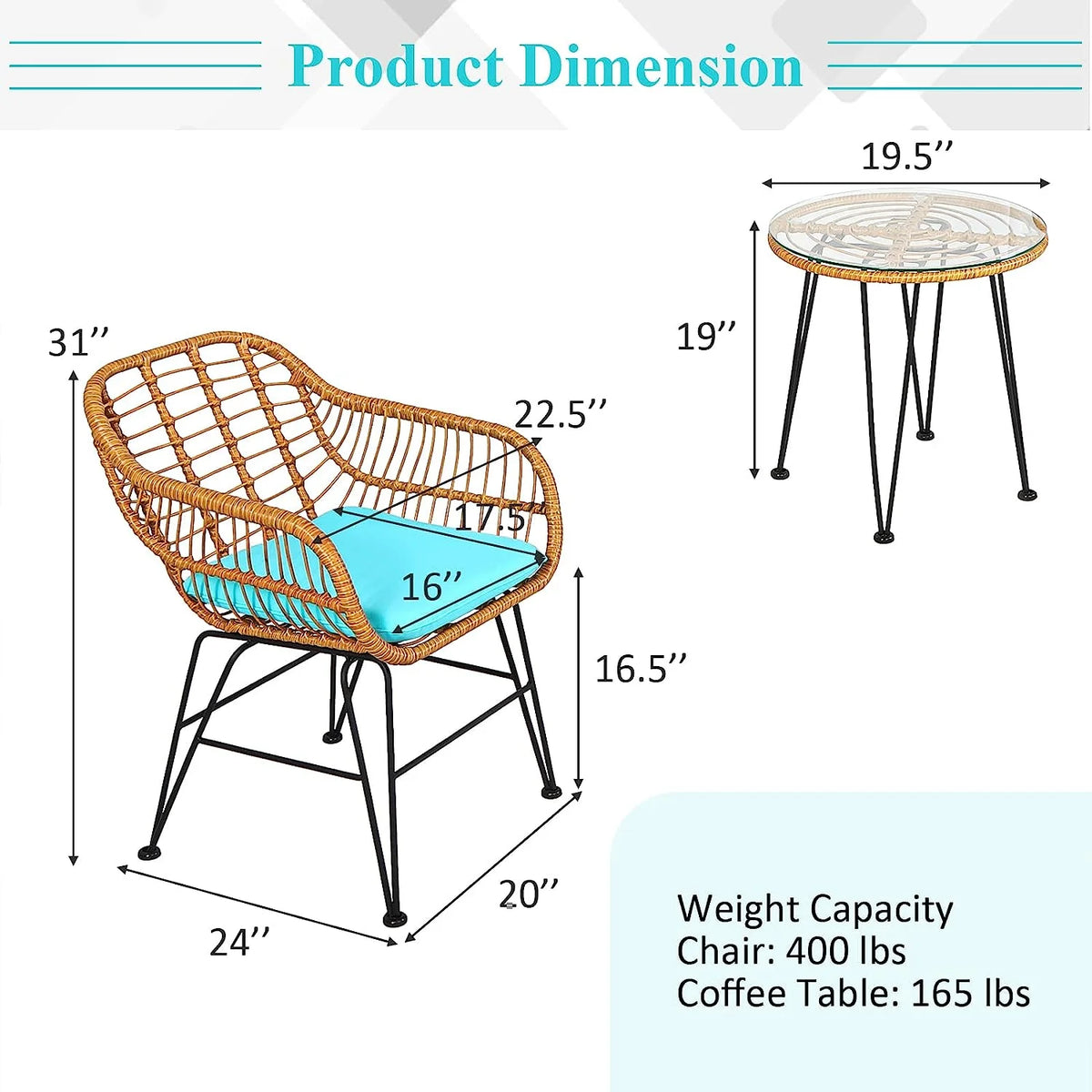 3 Pieces Rattan Patio Bistro Set with Glass Coffee Table T374