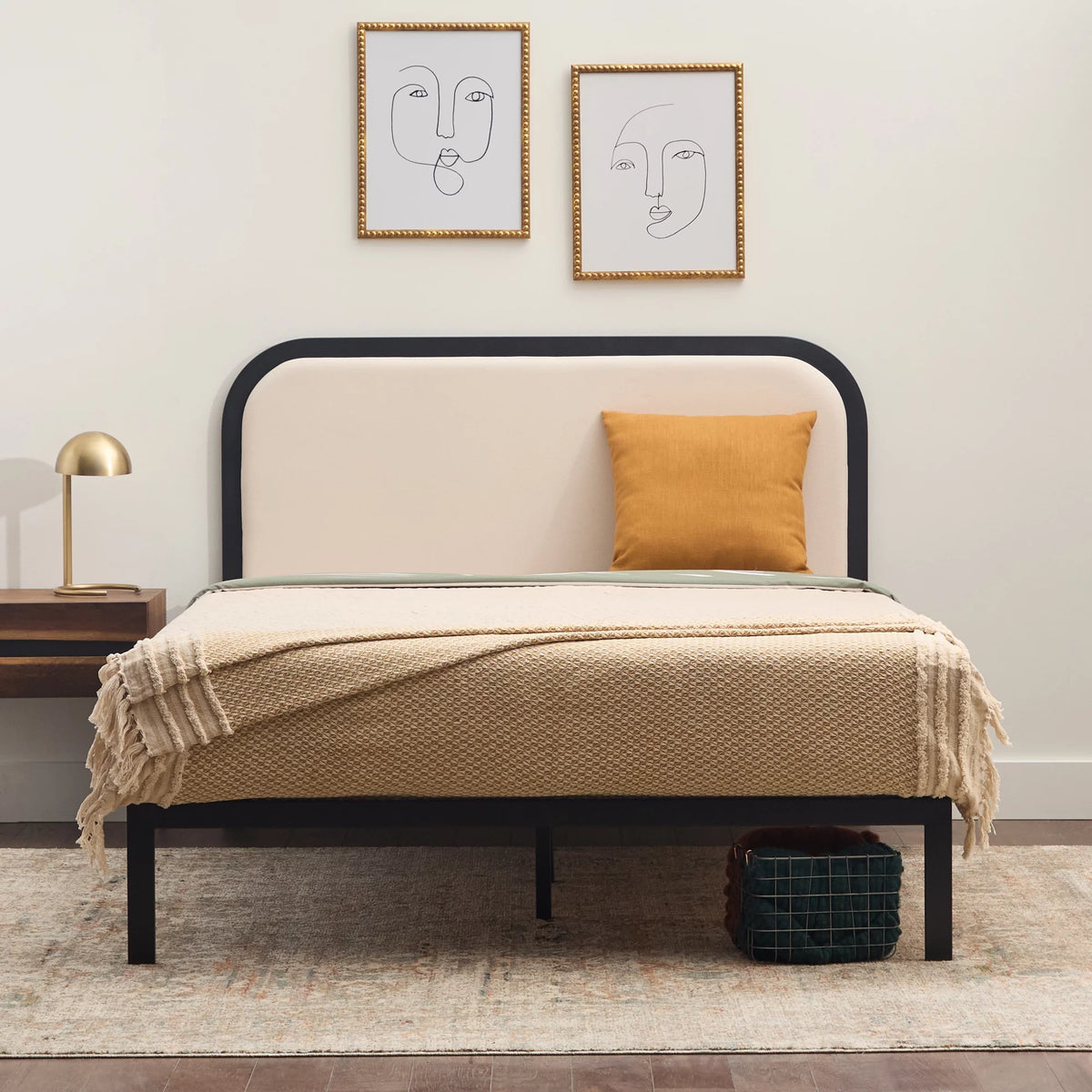 Queen Cream Metal Platform Bed with Upholstered Headboard O324646