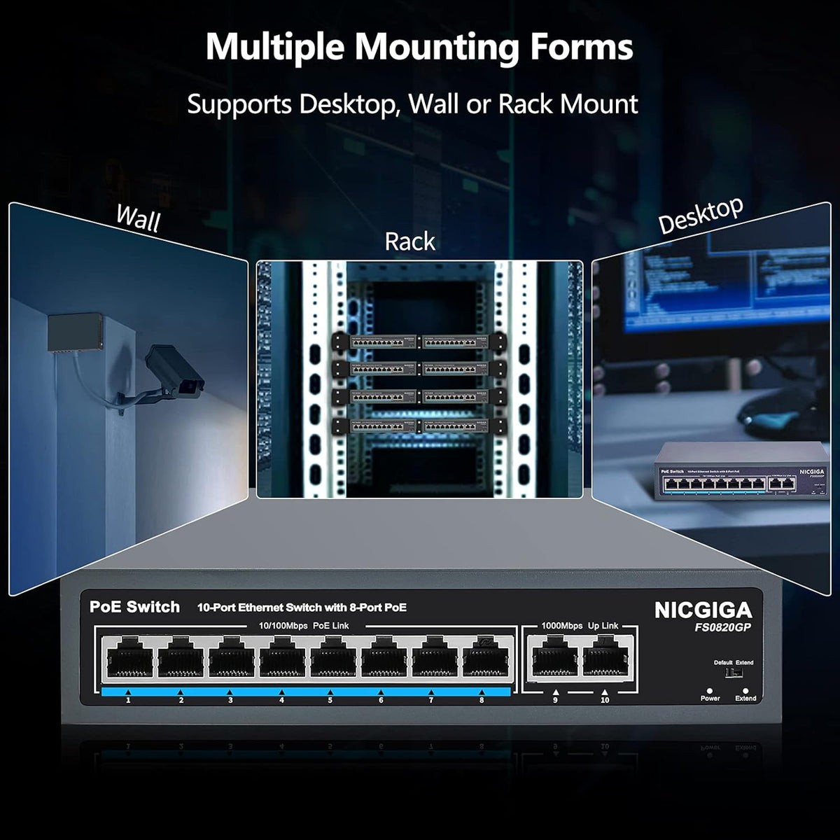 10 Port PoE Switch, 8 Ports PoE+ 100Mbps with 2 Gigabit Uplink, 120W, Metal Fanless Housing, Unmanaged, Pack of 2 P3096