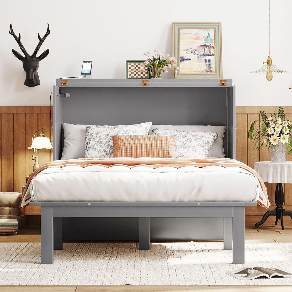 Gray Full Size Murphy Wall Bed with Cabinet P3293