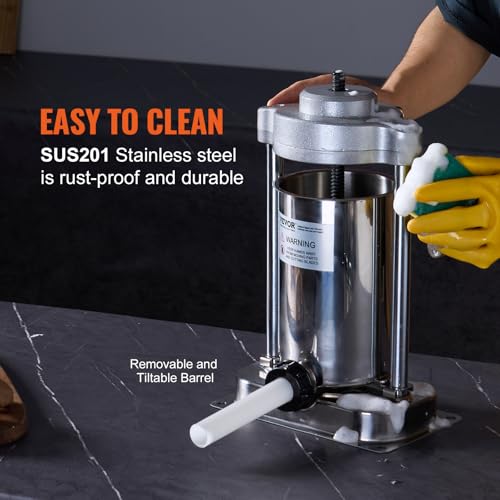 7 L / 15 LBS Vertical Manual Sausage Stuffer, 304 Stainless Steel, 5 Stuffing Tubes P562254