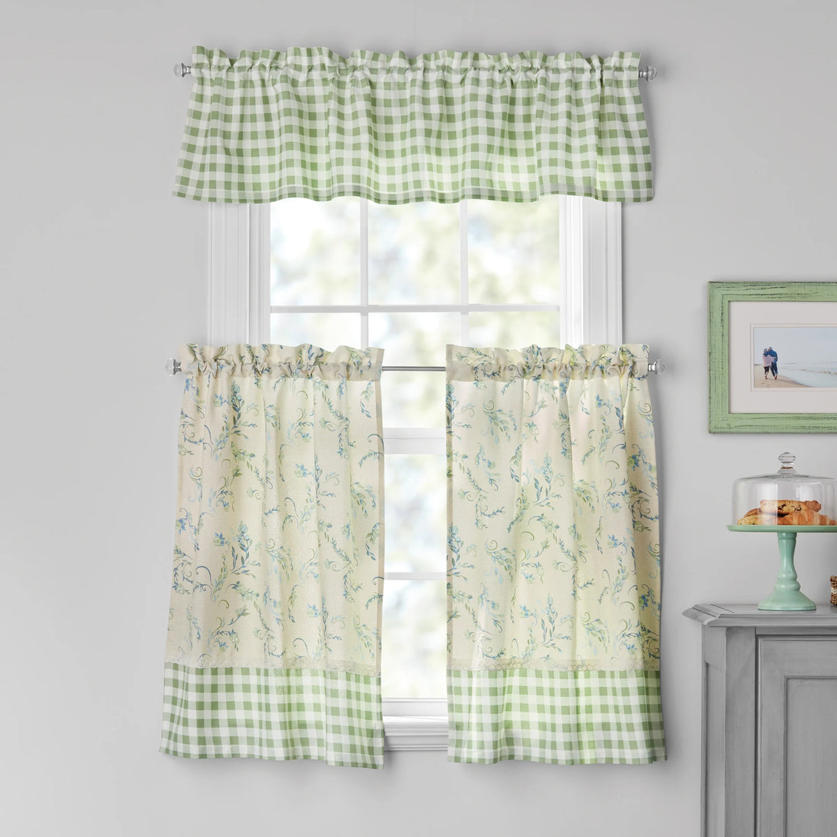 3-Piece Tiers and Valance Set, Recycled Polyester, Sage F71672