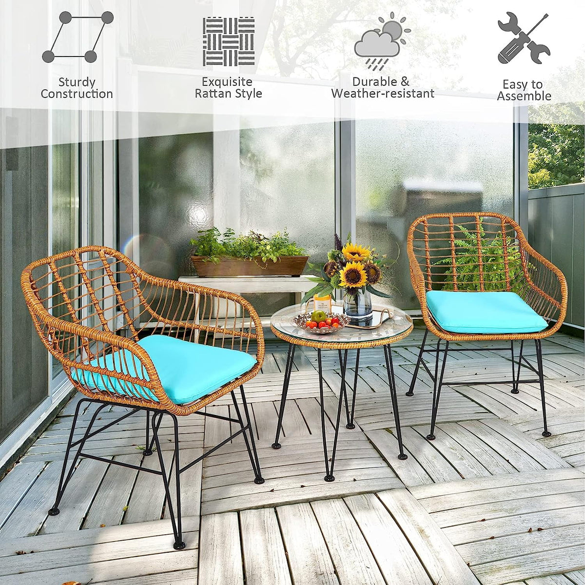 3 Pieces Rattan Patio Bistro Set with Glass Coffee Table T374