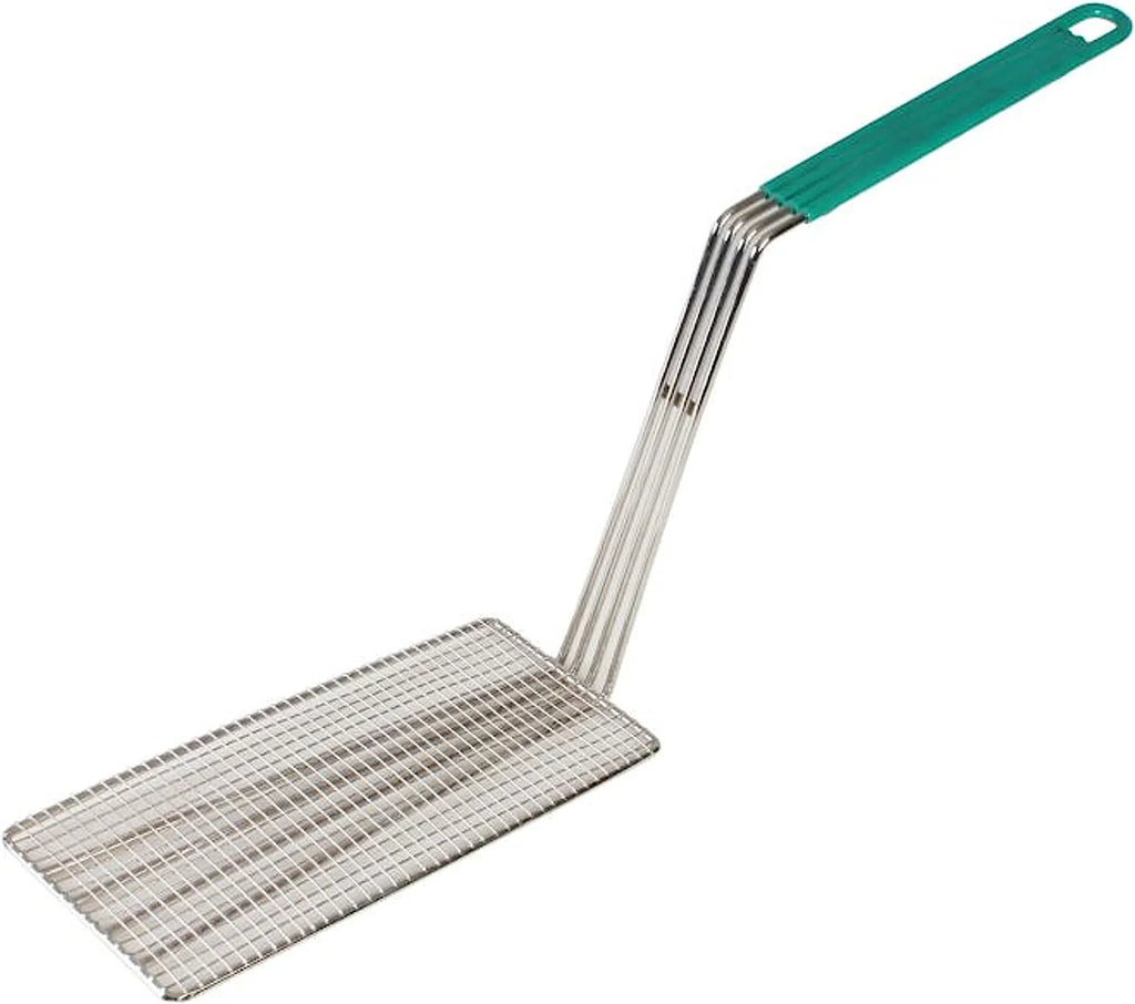 11" x 4-3/4" Rectangular Deep Fry Basket Press Heavy Duty Nickel Plated Iron with Green Coated Handle O8870