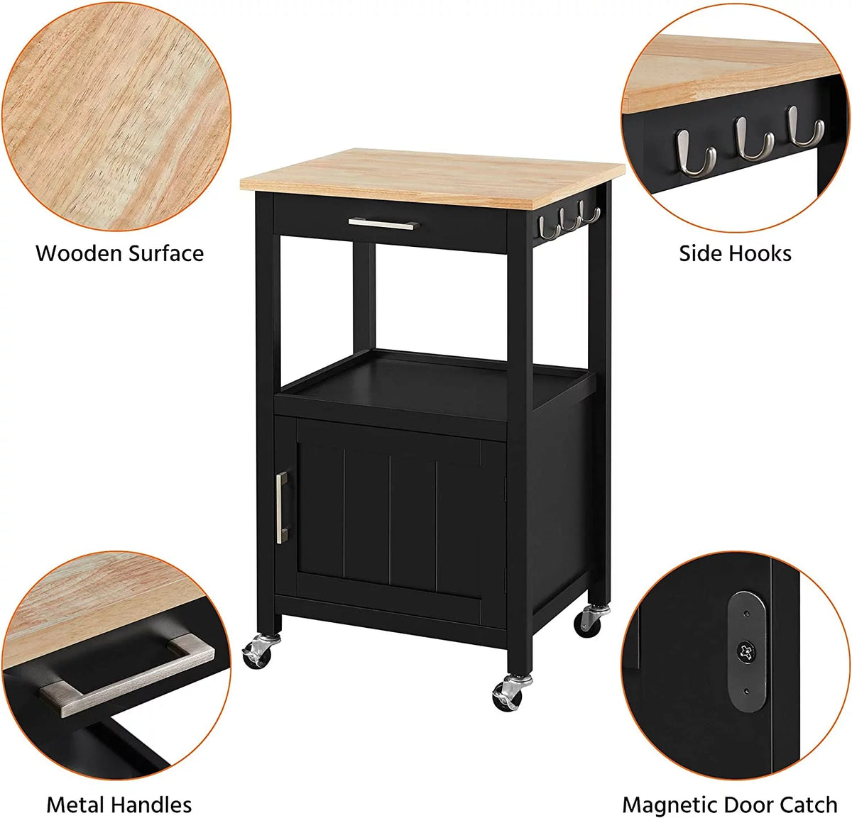Black Kitchen Island on Wheels with Wood Top and Drawer D462995
