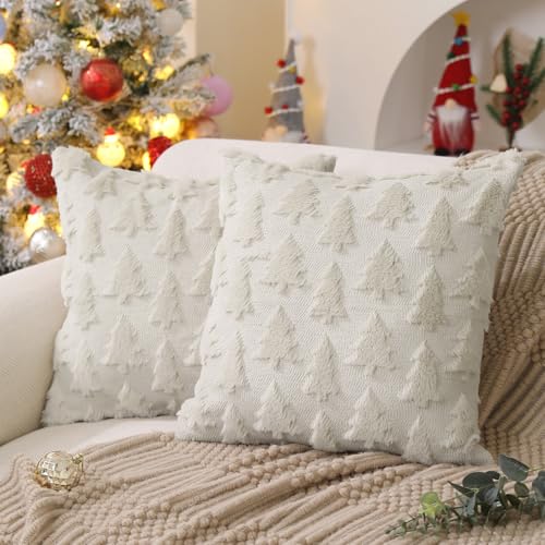 Christmas Tree Pillow Covers 18x18 inch Set of 2 Beige Plush Faux Fur Jacquard Throw Pillows L9785