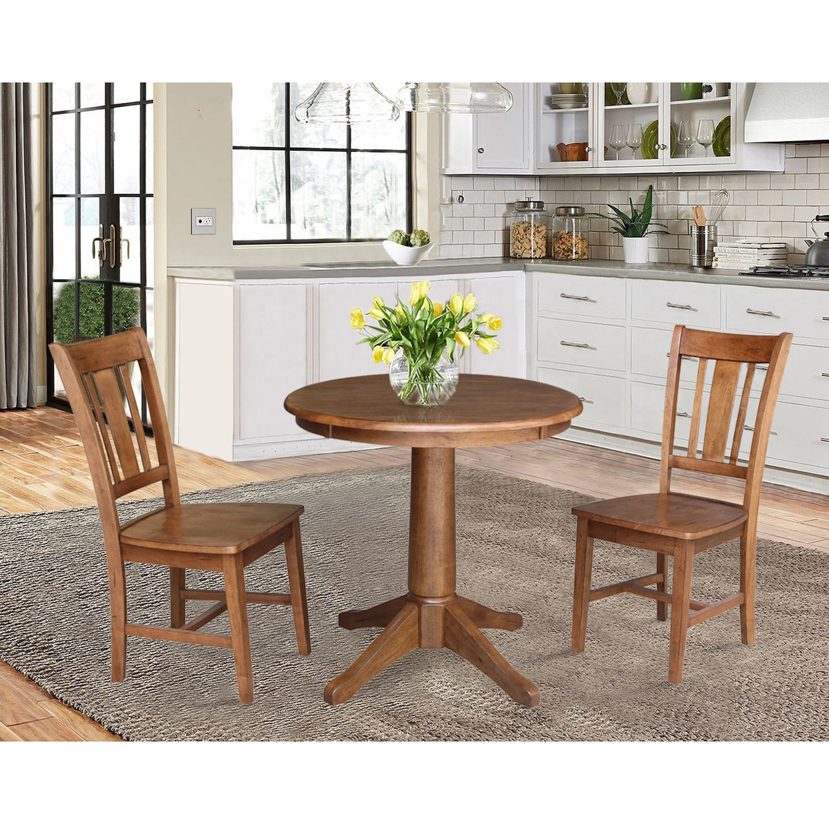 Round Solid Wood Pedestal Dining Table with 2 Splat Back Dining Chairs I388115