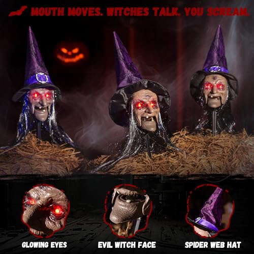 3-Pack Halloween Animatronic Witch Stakes with Sound, Light-Up Eyes, Moving Mouth V262254
