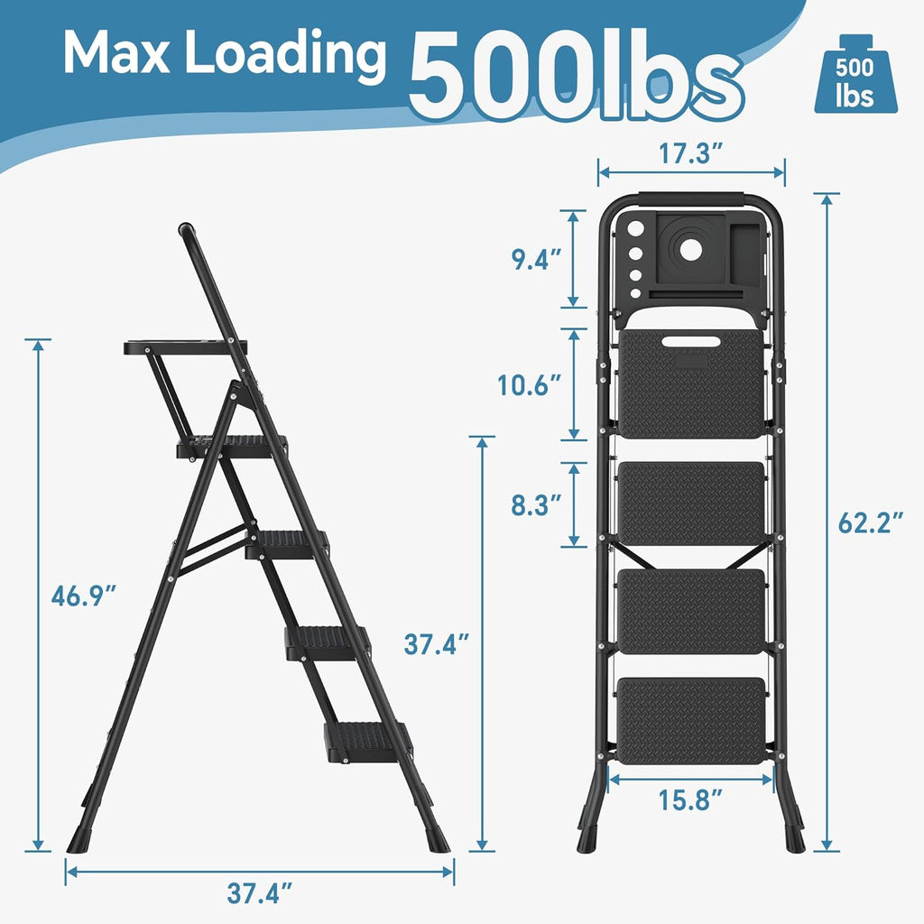 Folding Step Stool with Anti-Slip Pedal, 500lbs Capacity Steel Step Ladder T773