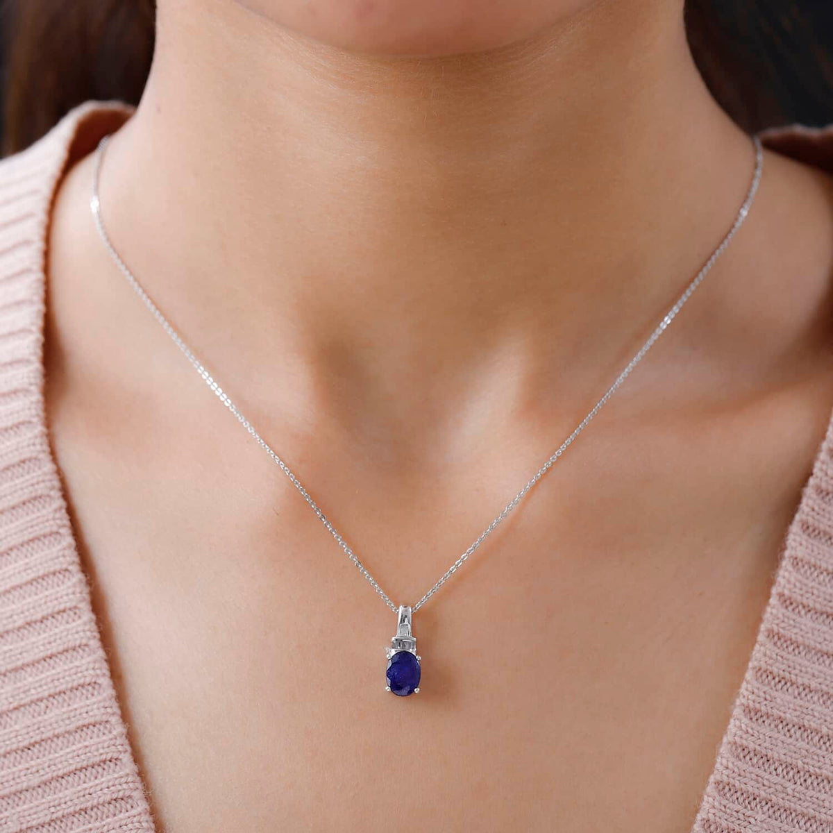 925 Sterling Silver Diamond Platinum Plated Sapphire Pendant Necklace Ct 1.6 A19878