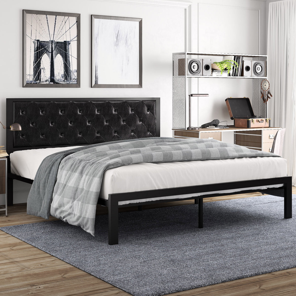 Twin Size Dark Gray Metal Bed Frame with Upholstered Headboard S778522