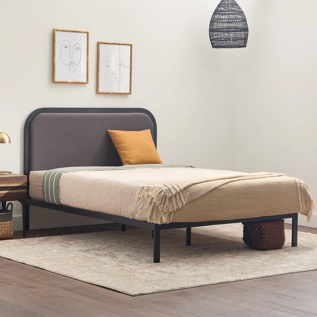 Queen Cream Metal Platform Bed with Upholstered Headboard O324646