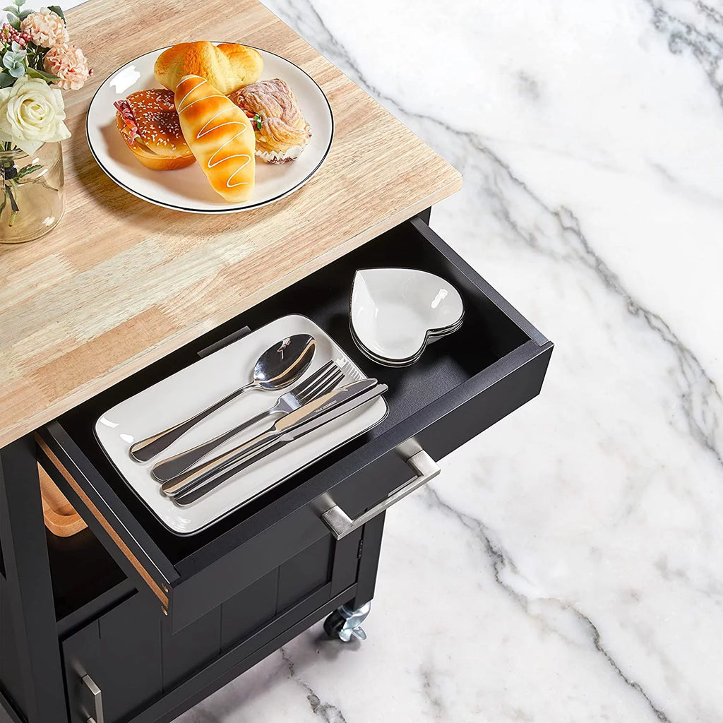 Black Kitchen Island on Wheels with Wood Top and Drawer D462995