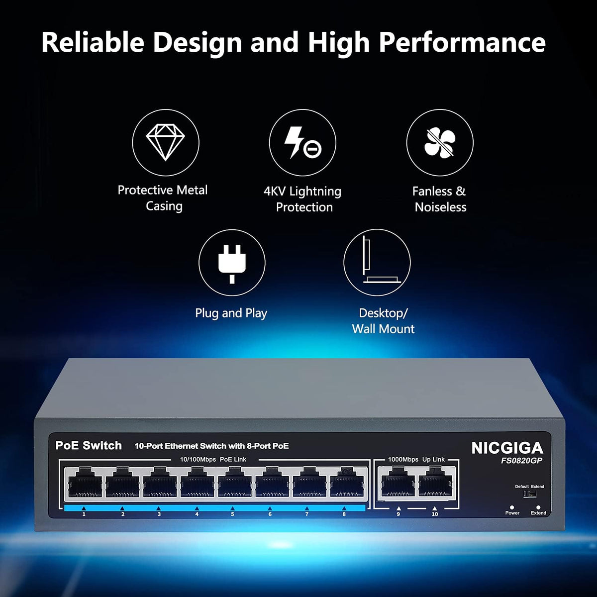 10 Port PoE Switch, 8 Ports PoE+ 100Mbps with 2 Gigabit Uplink, 120W, Metal Fanless Housing, Unmanaged, Pack of 2 P3096