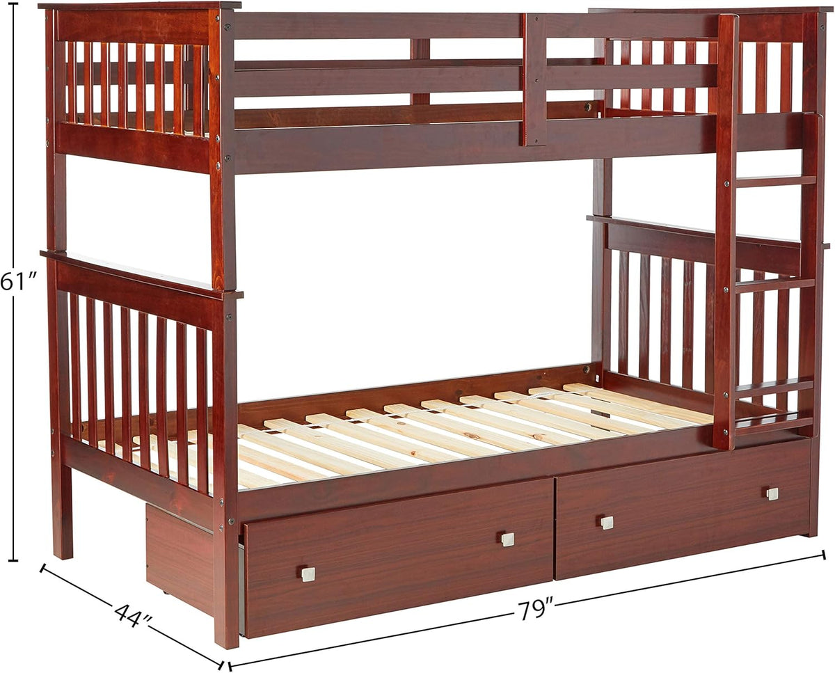 Dark Cappuccino Twin Bunk Bed with Under Bed Drawers T9752