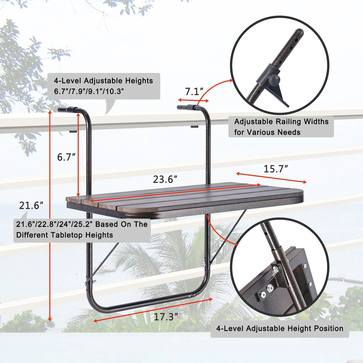 Balcony Hanging Folding Aluminium Side Table 23.6"(L) x 15.7"(W) Brown A249