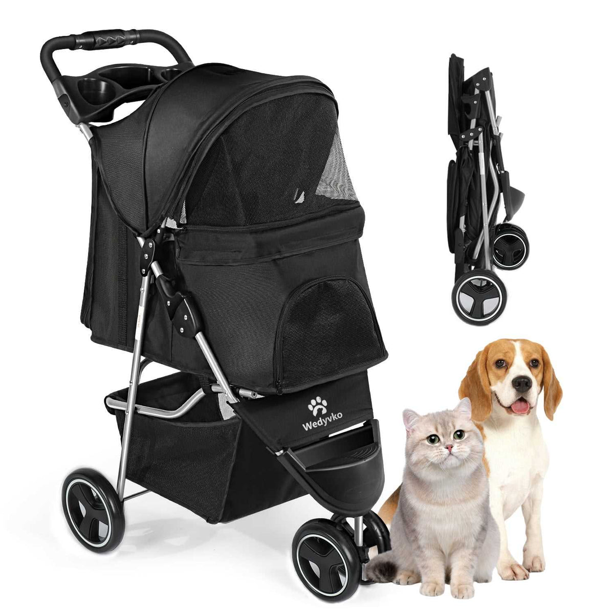4 Wheels Foldable Pet Dog Stroller with Cup Holder A11654