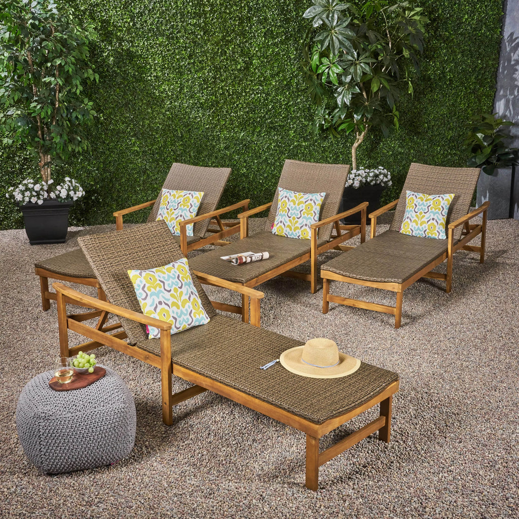 Rustic Acacia Wood Chaise Lounge with Wicker Seating Set of 4 W50321