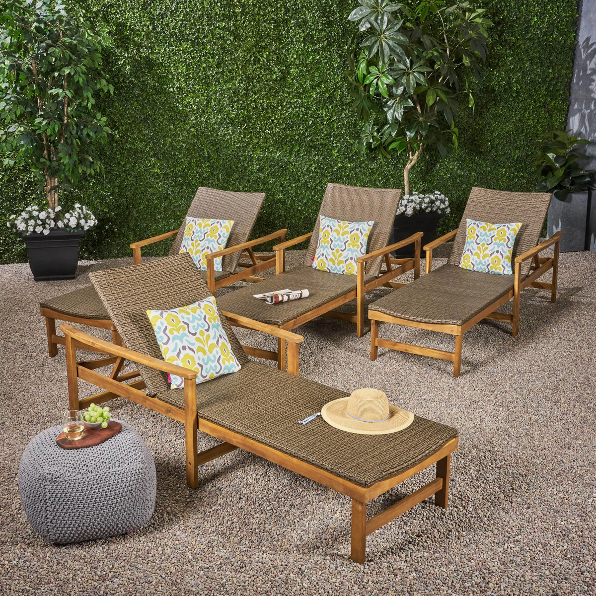 Rustic Acacia Wood Chaise Lounge with Wicker Seating Set of 4 W50321